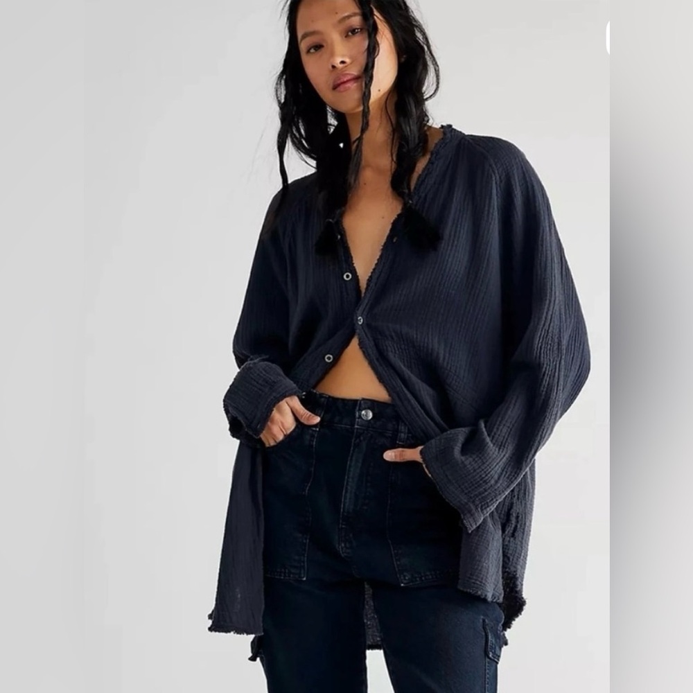 We The Free Oversized Button-Front Gauze Shirt - Black